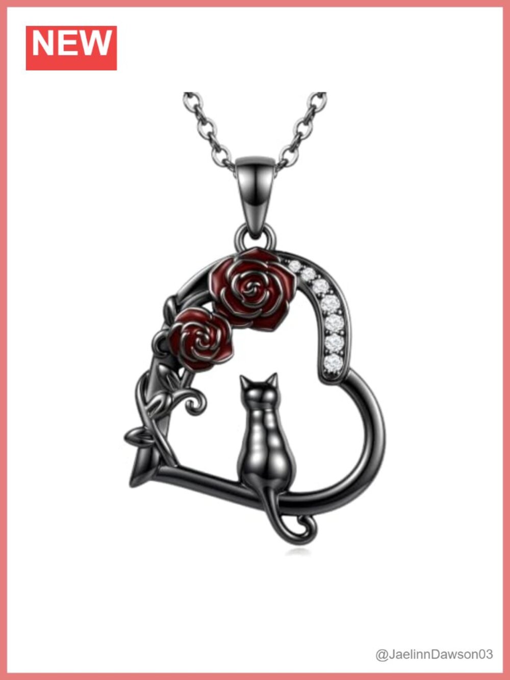 Gothic Black Cat Pendant Necklace Black Gold Plated Red Rose Halloween Gift